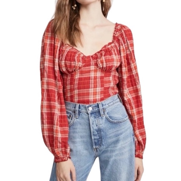 Free People Tops - Free People Red Plaid Long Sleeve Top